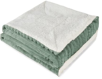 BESCH Manta Borreguito Reversible 160 x 220 cm Suave y Cálida Diseño con Textura a Rayas - Manta Sherpa Franela Gruesa Caliente, Transpirable para Invierno - Verde Monet