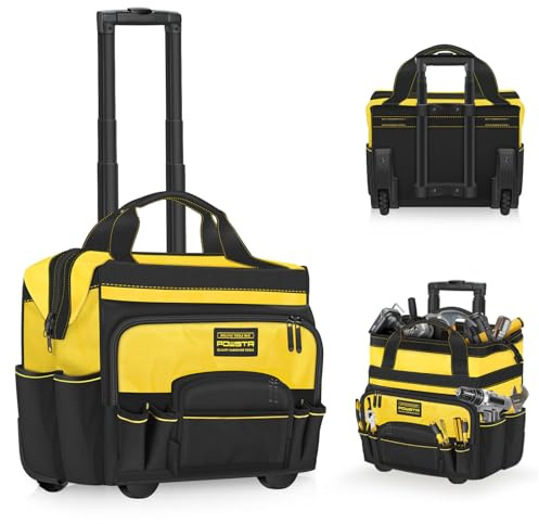 POWSTR 20 Rolling Tool Bag on Wheels,Heavy-Duty Rolling Tool Tote Bag with 1680D, Telescoping Handle,15 Pockets,Dual-zipper Design,Multi-use Tool Bags Organizer for Construction, Electrician