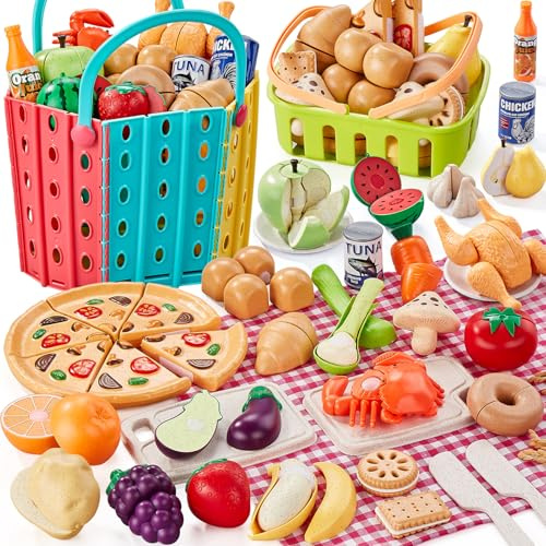 LAUGIGLE Set di 86 pezzi di cibo in paglia di grano per bambini, cibo per cucina giocattolo con 2 cestini e coperta da picnic, pizza realistica da tagliare, lattine di generi alimentari, accessori per