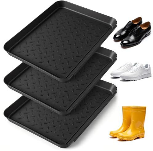 Wozzies 3er Set Schuhablage Schuhabtropfschale, 35 x 27,5 x 3 cm Schuhwanne aus Kunststoff, Schuhmatte Abtropfmatte, Stapelbare Abtropfschale Schuhe für Napfunterlage, Regen, Innen, Garten