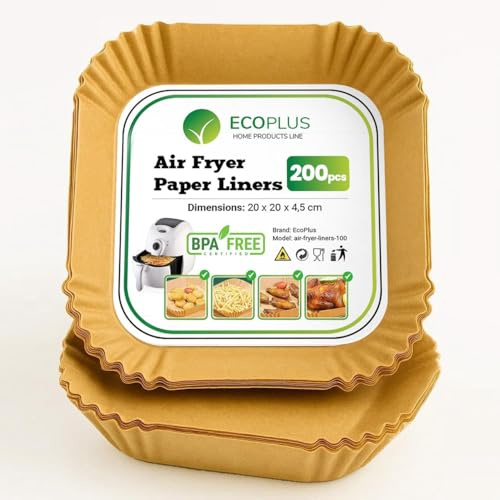Carta Forno per Friggitrice ad Aria – 200 Pezzi, Quadrata, 20x20 cm BPA Free, Antiaderente, Impermeabile e Resistente al Calore – Carta Pergamena Naturale per Air Fryer, Forno e Microonde