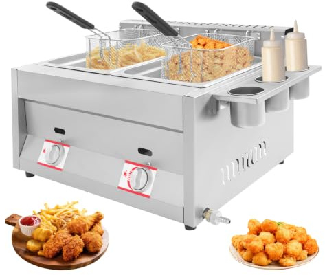 Mermajestic Commercial Deep Fryer, Commercial Countertop LPG Deep Fat Fryer Dual Tanks with 6Lx2 Basket and Lid, Tabletop Oil Fryer with Temperature Control for French Fries Home Kitchen Restaurant