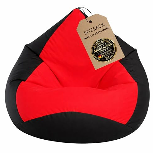 BuBiBag Sitzsack XXL Gaming – Bean Bag fertig befüllt – Oeko-Tex – wasserabweisend – Kinder & Erwachsene – schwarz-rot – 120x95cm