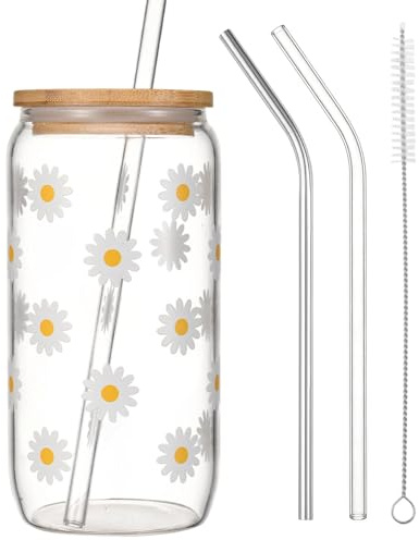 OuryTech Vaso con Pajita y Tapa, Vasos de Cristal con Tapa y Pajita, Vaso de café Helado y Matcha con diseño de Margarita, Regalo de cumpleaños para Mujeres, Accesorios para Chicas Modernas, 16 oz