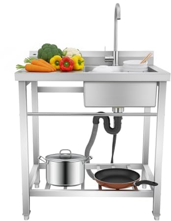 Freistehend Spültisch, 80x55x84cm Edelstahl Einzelbecken Spülbecken Küchenspüle Multifunktionswaschtisch mit Wasserhahn Unterschrank Abtropfbereich 100kg Tragfähigkeit für Küche Wäscherei Gewerbe