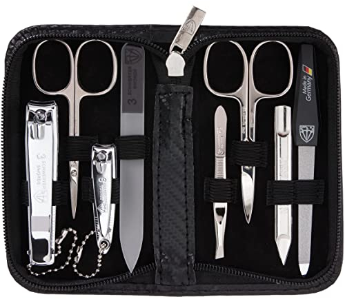 DREI SCHWERTER - Maniküreset 'Roma' - Nageletui mit 8 Instrumenten: Nagelschere, Hautschere, Fuß/Finger-Nagelknipser, Nagelreiniger, Pinzette, Glasnagelfeile, Saphirnagelfeile - carbon/schwarz