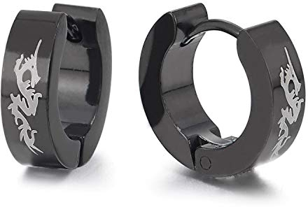 Herren Silber Schwarz Creolen, Edelstahl Huggie Ohr Manschette Ohrringe mit Drachen Tätowierung Grafik Laser-Muster