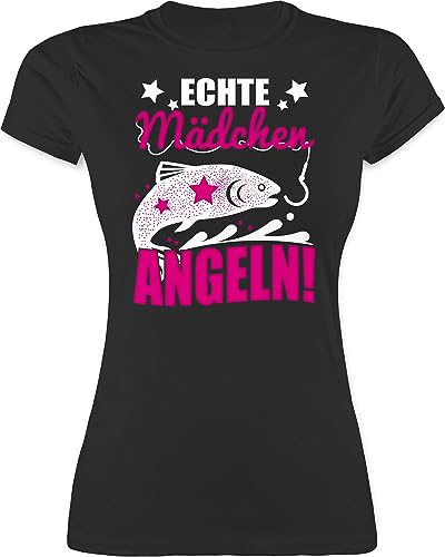Shirt Damen - Hobby Outfit - Echte Mädchen Angeln Fisch - M - Schwarz - angelshirts angelbekleidung Angel Funshirts für Frauen Tshirt Frau Fischerei Tshirts fischen t-Shirt Fishing tailliert