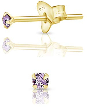 Pendientes de Botón Plata Ley 925 Chapados Oro 24K on Cristales Brillantes Violeta 2 mm - Pendientes Dorados para Mujer - Punto de Luz Hipoalergénicos