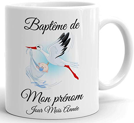 L'Esprit Des Anges Tasse Mug Cadeau Baptême Personnalisable Prénom et Date - Cigogne portant un Bébé - à Personnaliser Naissance Enfant