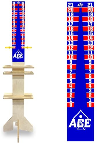 CornholeAce Elite Cornhole Scoreboard 5.5 Ft Tall Hardware Free Stand with Recording Shelf 2 Cup Holders Tablet Score Keeper Interchangeable UV Printed Top