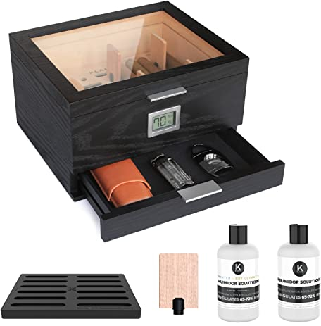Case Elegance Mill Glas-Top Humidor mit mattschwarzer Holzmaserung, digitalem Front-Hygrometer, spanischer Zeder, Humidor-Lösung, Hydrosystem und Zubehörschublade - Fassungsvermögen (30-60 Zigarren)