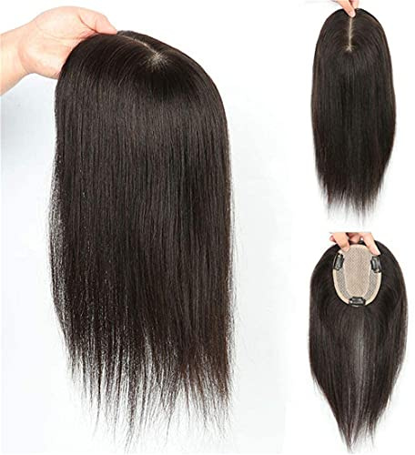 Seidenbasis Glatt Echthaar Crown Topper Haarteil Clip in unsichtbare Haartopper Toupet für Frauen, 12 Dunkelbraun
