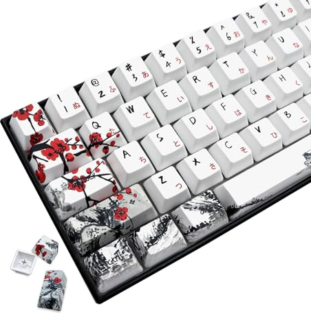 JSJT Keycaps 60 Percent - Plum Blossom Keycap,Japanese Keycap Set 71 Keys PBT OEM Profile Key Caps Suitable for GK61/GK64/RK61/Anne /ALT61 Cherry MX Switches Mechanical Keyboards