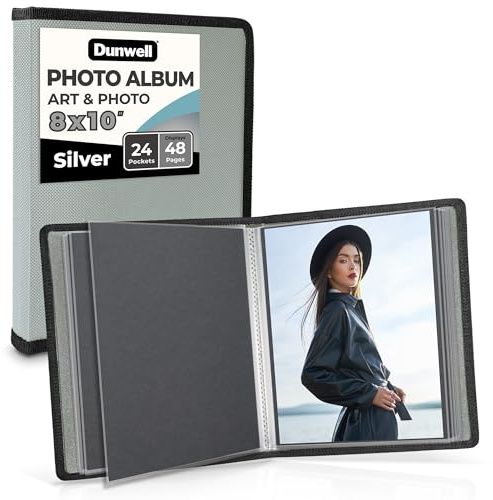Dunwell Art Portfolio Folder for 8x10 Photos - (Silver), Soft Cover Album with 24 Bound Pages, Displays 48 Photos or Artwork, Presentation Binder with 8 x 10 Sheet Protectors, Archival Quality Poly