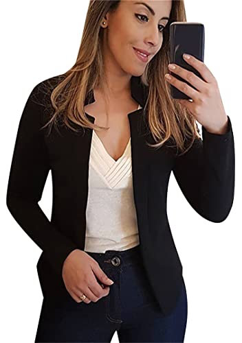 EFOFEI Damen Lässiger Herbst Arbeitsblazer Einfache Elegante Oberbekleidung Einfarbiger Anzugkragen Schwarz L