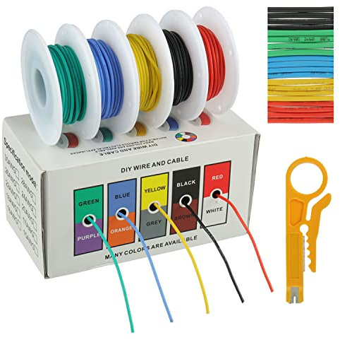 BOJACK 24 AWG flexibelt silikontrådsats – 5 färger (röd, svart, gul, blå, grön), 6 m vardera, 600 V, med värmekrympslangar och minitrådsskalare