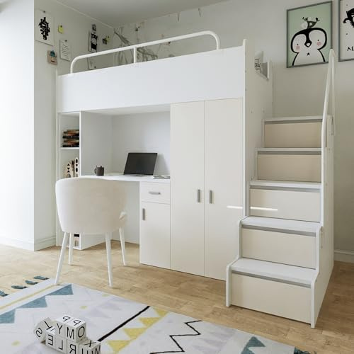 Marlux-Meble Hochbett JSM-4 90x200 mit Kleiderschrank Schreibtisch und Treppe Hochglanz Kinderbetten Funktionsbett Etagenbett Stockbett Kinderhochbett Jugendhochbett (Beige Glanz)