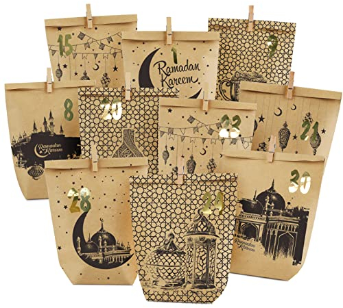 ANYUNKEY DIY Ramadan Kalender zum Befüllen-Eid Mubarak tüten-30 Bedruckte Kraftpapiertüten-Geschenktüten zum Aufstellen-ramadankalender Tüten-Ramadan deko Set-wiederverwendbar