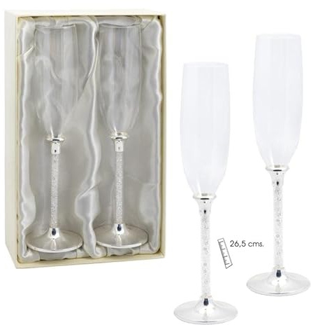 Copas de Cava Cristal con Base Plateada con Cristales estuchadas 27x7 cm
