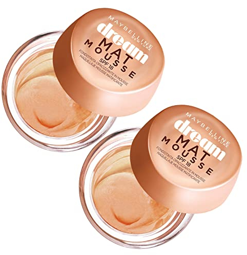 Maybelline New York Dream Mat Mousse SPF 18 Grundierung, matt, deckend und atmungsaktiv, T-Zone, Farbe 40 Fawn, für Mischhaut oder fettige Haut – 2 Kosmetika