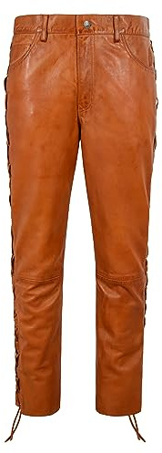 Mens Biker Leather Trouser Tan Wax Laced Motorcycle Style 100% Napa Trouser Pant 00126 (as1, Waist, Numeric_36, Regular)