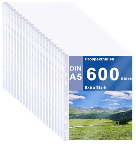APACALI 600 Stück Klarsichthüllen A5, Prospekthüllen Glasklar Mit Lochung, Extra Stark, Oben Offen Sicht-Hüllen Plastikhülle für Dokumente Papiere