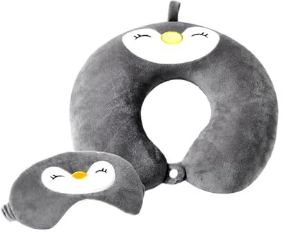 NyxSeat 1 cuscino da viaggio, 1 maschera per gli occhi, cuscino da viaggio con pinguino, cuscino da viaggio a forma di U, cuscino da viaggio, adatto per adulti e bambini per dormire