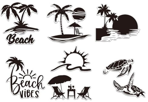 WADORN 7 pièces Autocollant de Voiture en Vinyle Océan Plage Accessoires de Voiture Thème D'Été Véhicules Voiture Fenêtre Décoration Autocollant Palmiers, le Coucher du Soleil, Parasols et Transats
