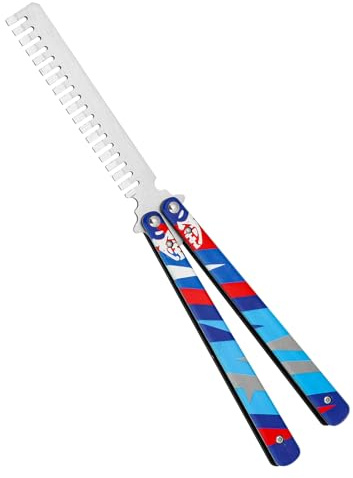 Schmetterlingskamm, Edelstahl, zusammenklappbar, 3D-Farbdruck, taktischer Schmetterlings-offenes Muster, Trainer für Sport, Outdoor, Blau