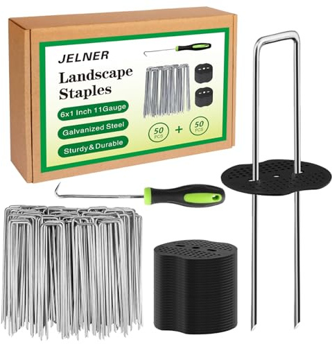 JELNER Garden Stakes,6 Inch 11 Gauge 50pcs Galvanized Landscape Staples + 50pcs Gaskets + 1Pick Hook,Tent Stakes Landscaping Fabric SOD Pins for Weed Fabric Barrier,Groud Cover,Fence