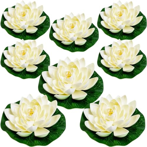 BNJZWJJ 8 Pcs Artificial Floating Pool Flowers, White Plastic Lotus Flower with Water Lily Pads, Lifelike Pond Pool Lotus Ornaments for Patio Garden Aquarium Decor