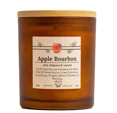 Elk Field Apple Bourbon Organic Beeswax Candle | 2 Ingredients | 100% Pure Beeswax Candles, Non Toxic, Natural, Organic Candles, Beeswax Candles Scented, Non Toxic Candles, 80 Hour, 14oz