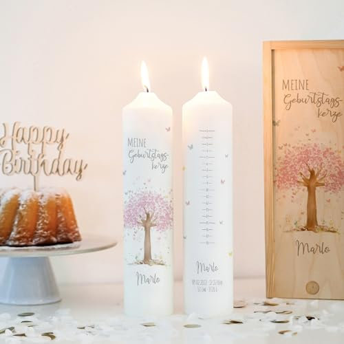 Geburtstagskerze Lebensbaum rosa, Geburtskerze personalisiert, Geburtstagskerze mit Geburtstagsskala, 1.-18. Geburtstag, Geschenk zum Geburtstag, Kerze Geburtstag, Lebenskerze