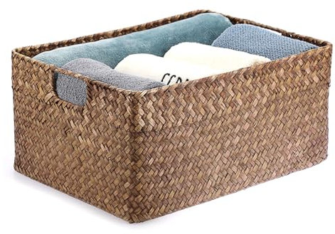 IGNPION Cesto portaoggetti aperto in erba marina, cestini decorativi per soggiorno, cesto per asciugamani in vimini intrecciato, rettangolare, scatola organizer per bagno, mensole e scrivanie, cesto