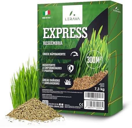 LERAVA® Gazon à Semer EXPRESS (300m²) - Graines de Gazon Rustique à Croissance Rapide et Résistante au Piétinement - Pelouse Densément Verte pour Jardin, Terrain et Espaces Extérieurs - 7,3 kg