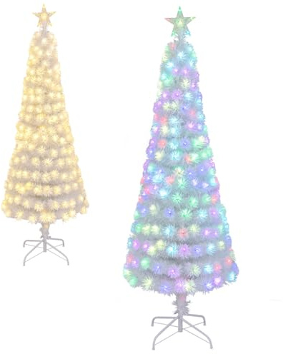 GYMAX 6FT Pre-lit Fiber Optic Christmas Tree, White Slim Pencil Xmas Tree with LED Lights, 7 Lighting Modes, 4-Level Speed, Timer, Remote Control, Xmas Decor for Home Office Party