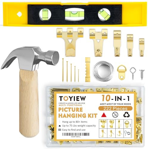 TOYIEW Picture Hanging Kit, 224pcs Hanging Hardware with Hooks, Wire, Nails, D Rings, Photo Sawtooth Hangers, Ring Hooks, Wall Art Frame Hanging Kit with Yellow Magnetic Level and Small Claw Hammer