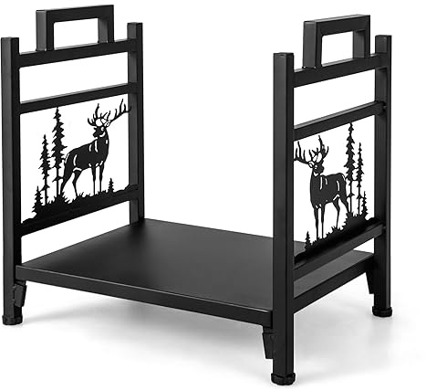 GYMAX Porta ceppi in Ferro, Base Rialzata e Piedini Regolabili, Portalegna Decorativi, per Terrazza, Patio, Interni ed Esterni, 46 x 34 x 45 cm, Nero (Stile 2)