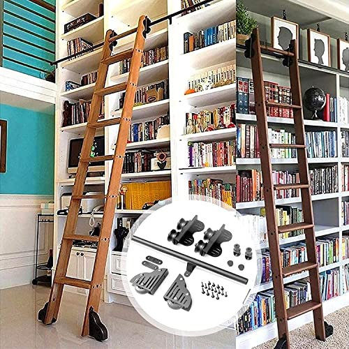 Concealed Sliding Stair Hardware Bookcase Sliding Barn Door Kit (No Ladder), 3.3-20 Feet Round Tube Movable Rail for Home/Indoor/Loft with Wheels