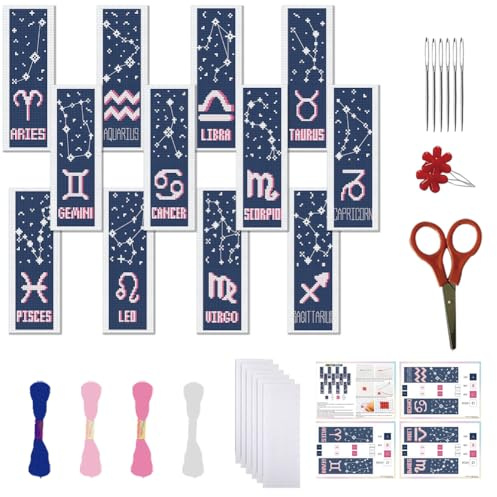 FREEBLOSS 12 Pcs de Marque-Pages au Point de Croix Kit 11 CT Ciel Étoilé Point de Croix Kit Complet Kits de Signet DIY Adulte Débutants avec Instructions, 6 x 20 cm