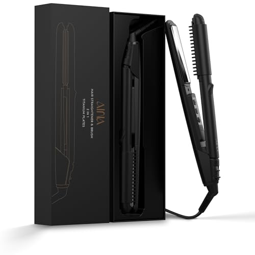 AINA Lisseur, fer à lisser avec brosse | Plaques en titane Dual Voltage Lisseur 2 en1 | Dissoudre les frisottis emmêlés(Noir)