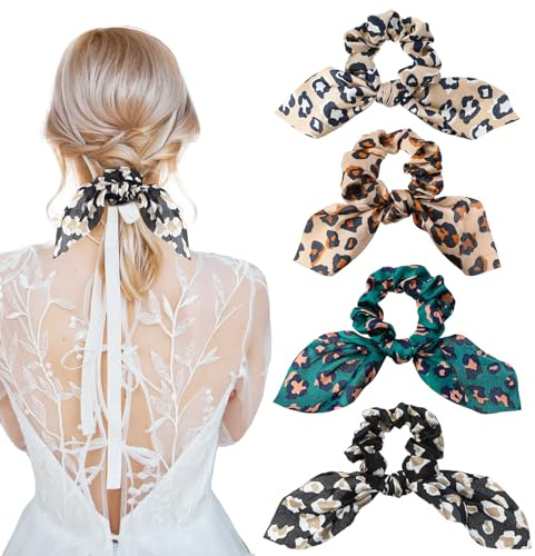 4 Stück Scrunchies Haargummi mit Langer Schleife，Mabor Elastisches Scrunchies Leopardenmuster Haargummis Damen Langes Haar Accessoire Weiche Haarschmuck für Damen und Mädchen
