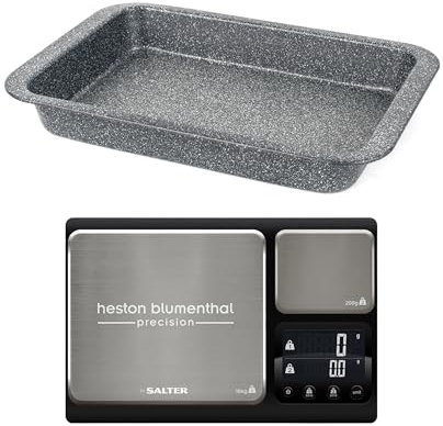 Salter Roasting Tray & Kitchen Scale Set – Megastone 36 cm Roaster with Non-Stick Coating, Carbon Steel, Heston Blumenthal Precision Digital Baking Scale with Dual Platforms, 10kg/200g, Tare Function