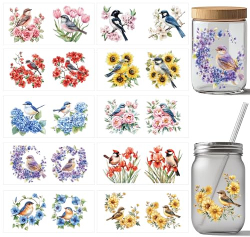 arricraft 10 Stück UV Transferpapier Zum Bedrucken von Tassen Mit Vögeln Und Blumen 10 Stile Verschiedene Vögel Rosen Tulpen UV DTF Cup Wrap Aufkleber Für 16 OZ Glasbecher Basteln 9.5x4.3 Zoll