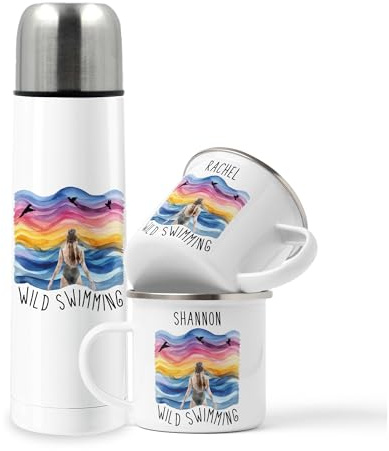 Wild Swimming Flask and Mug Set - Personalised Swimming Gift, Wild Sea Swimming, Sea Swimming Accessories, Cold Water Swimming Essentials