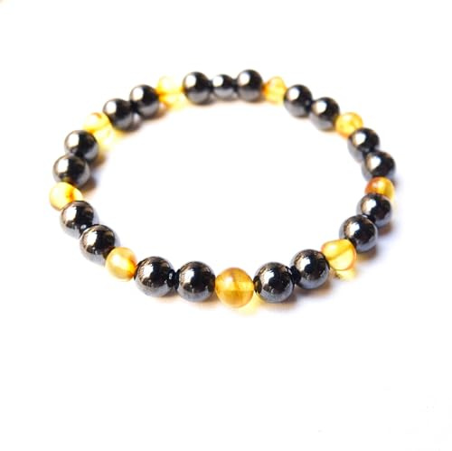Joy dog cat Bracelet pour femme ou homme en ambre et hématite magnétique (18 cm)