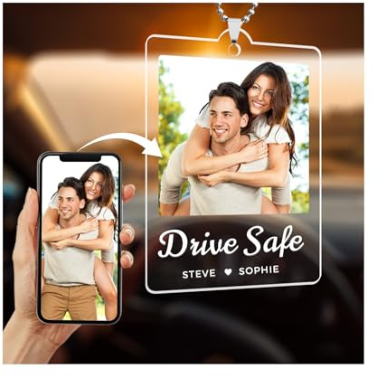 Custom Car Rearview Mirror Ornament, Personalized Acrylic Photo Hanging Decoration with Text, Car Accessories for Women & Men, Custom Picture Gift for Christmas, Birthday, Anniversary