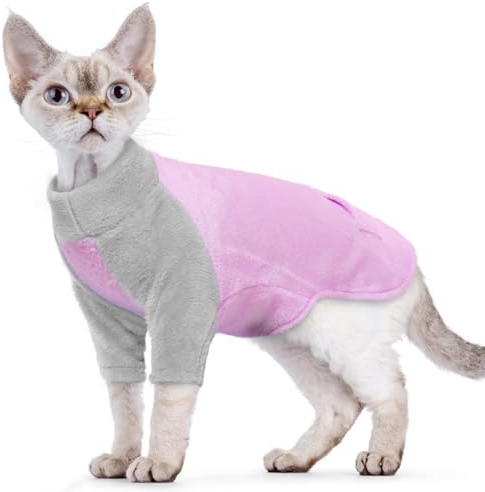 Wintermantel für Katzen, Fleece Katzenpullover Warm Winter Kleidung für Haarlose Katzen Sphynx-Katzenkleidung Winterkatzenkleidung Pullover Fleece Mantel(Lila, M)