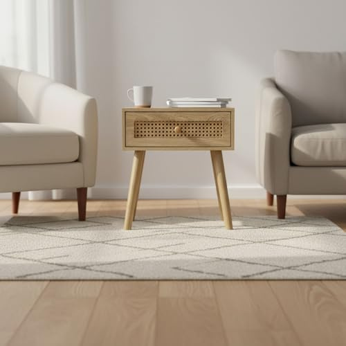 INDE MOBLEKIT | Mesita de Noche Madera Natural con Cajón de Ratán, 40x30x45 cm, Mesilla Estilo Nórdico para Dormitorio o Salón, Mesa Auxiliar Compacta, Mesitas de Noche Rústicas